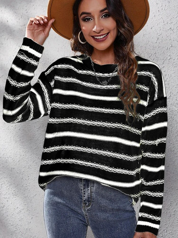 Ριγέ πουλόβερ για γυναίκες Μόδα πλεκτά μακρυμάνικα μπλουζάκια casual μαύρα πουλόβερ με λαιμόκοψη φθινόπωρο χειμώνα Νέα σε πλεκτά 2023