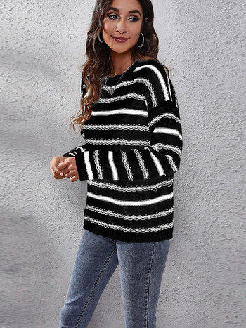 Дамски пуловери на райета Модни плетени топове с дълъг ръкав Ежедневни черни пуловери с О-образно деколте Есен Зима Ново в трикотажните изделия 2023 г.