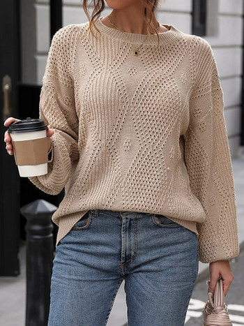 Есенно-зимни пуловери за жени Издълбани плетени горнища с дълъг ръкав Ежедневни пуловери с О-образно деколте Мода Ново в плетивата 2023 г.