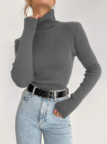Есенни зимни пуловери с висока яка Дамски модни плетени горнища с дълъг ръкав Бели тънки пуловери Ежедневни Ново в трикотажните изделия 2023 г.