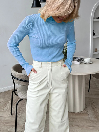 Rudens ziemas džemperi ar apkakli sievietēm Modes trikotāžas topi ar garām piedurknēm, balti, plāni džemperi, ikdienas jaunums trikotāžas izstrādājumos 2023