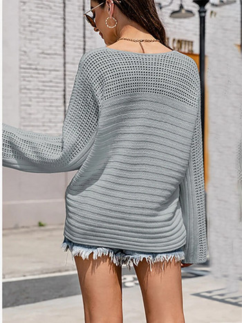 Есенно-зимен дамски пуловер Ежедневни плетени свободни горнища с дълъг ръкав Елегантни бели издълбани пуловери Модни нови плетива 2023 г.