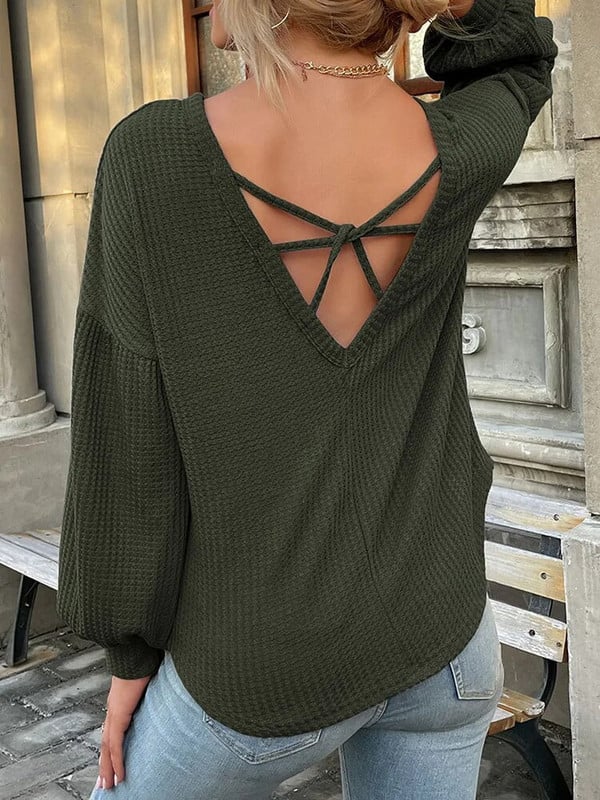 Μόδα γυναικεία πουλόβερ Σέξι πλεκτά μακρυμάνικα εξώπλατα μπλουζάκια casual πουλόβερ με λαιμόκοψη μαύρο φθινόπωρο Νέα σε πλεκτά 2023
