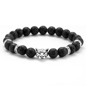 γούρι βραχιόλι χάντρες Stone Leopard Head Beaded Bracelet For Men Fashion 8mm Φυσική Πέτρα Tiger Eye Onyx Lava Beads Bracelets