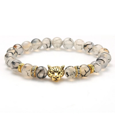γούρι βραχιόλι χάντρες Stone Leopard Head Beaded Bracelet For Men Fashion 8mm Φυσική Πέτρα Tiger Eye Onyx Lava Beads Bracelets
