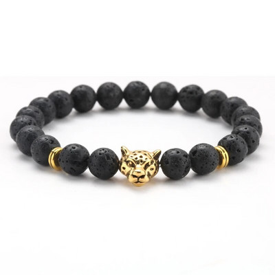γούρι βραχιόλι χάντρες Stone Leopard Head Beaded Bracelet For Men Fashion 8mm Φυσική Πέτρα Tiger Eye Onyx Lava Beads Bracelets