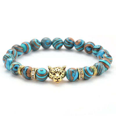 γούρι βραχιόλι χάντρες Stone Leopard Head Beaded Bracelet For Men Fashion 8mm Φυσική Πέτρα Tiger Eye Onyx Lava Beads Bracelets