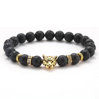 γούρι βραχιόλι χάντρες Stone Leopard Head Beaded Bracelet For Men Fashion 8mm Φυσική Πέτρα Tiger Eye Onyx Lava Beads Bracelets