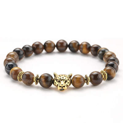 γούρι βραχιόλι χάντρες Stone Leopard Head Beaded Bracelet For Men Fashion 8mm Φυσική Πέτρα Tiger Eye Onyx Lava Beads Bracelets