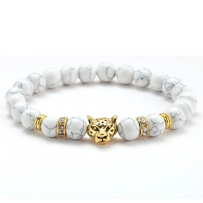 γούρι βραχιόλι χάντρες Stone Leopard Head Beaded Bracelet For Men Fashion 8mm Φυσική Πέτρα Tiger Eye Onyx Lava Beads Bracelets