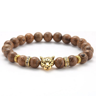 γούρι βραχιόλι χάντρες Stone Leopard Head Beaded Bracelet For Men Fashion 8mm Φυσική Πέτρα Tiger Eye Onyx Lava Beads Bracelets