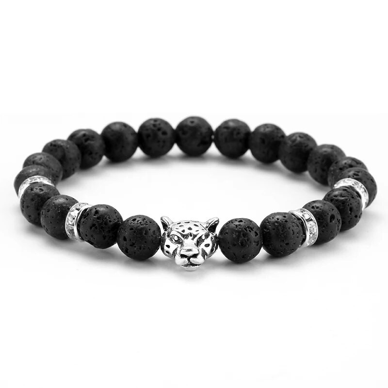 γούρι βραχιόλι χάντρες Stone Leopard Head Beaded Bracelet For Men Fashion 8mm Φυσική Πέτρα Tiger Eye Onyx Lava Beads Bracelets