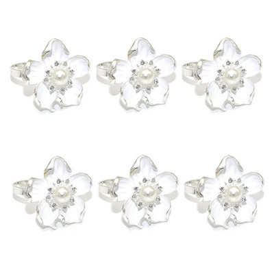 6Gb Pērļu ziedu salvešu gredzeni Balta ziedu salvešu sprādze kāzu līgavas dušai brīvdienu dzimšanas dienas svinību galda noformējums HWF63