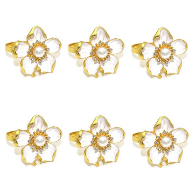 6Gb Pērļu ziedu salvešu gredzeni Balta ziedu salvešu sprādze kāzu līgavas dušai brīvdienu dzimšanas dienas svinību galda noformējums HWF63