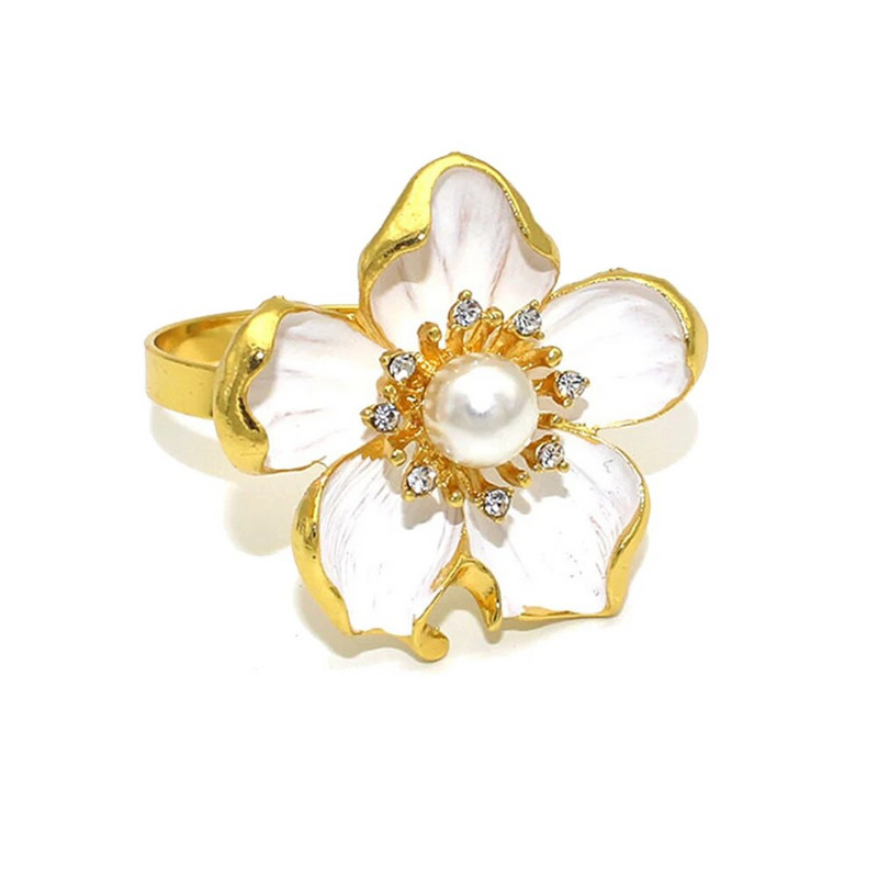 6Gb Pērļu ziedu salvešu gredzeni Balta ziedu salvešu sprādze kāzu līgavas dušai brīvdienu dzimšanas dienas svinību galda noformējums HWF63