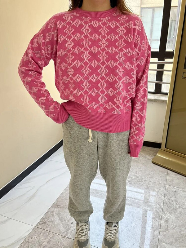 Rudens ziemas rūtains sieviešu džemperis Modes trikotāžas topi ar garām piedurknēm Rozā O veida kakla džemperi Ikdienas brīvi Jauni trikotāžas izstrādājumi 2023