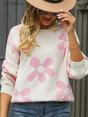 Rudens ziemas ziedu sieviešu džemperis ikdienišķs trikotāžas topi ar garām piedurknēm Eleganti balti džemperi ar O veida kakla izgriezumu Modes Jaunums Trikotāžas izstrādājumos