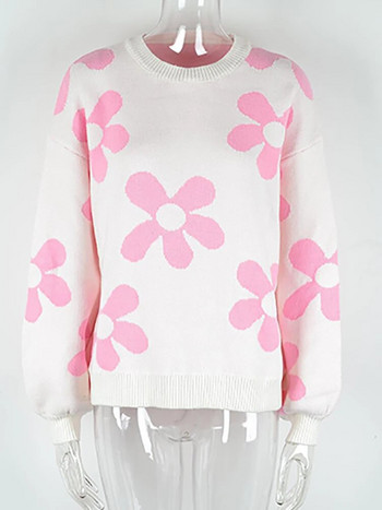 Есенно-зимен дамски пуловер с цветя Ежедневни плетени горнища с дълъг ръкав Елегантни бели пуловери с О-образно деколте Модни новости в плетивата