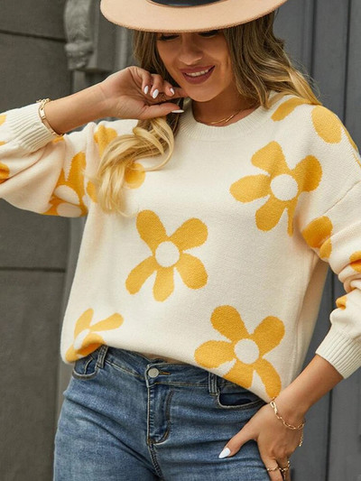 Rudens ziemas ziedu sieviešu džemperis ikdienišķs trikotāžas topi ar garām piedurknēm Eleganti balti džemperi ar O veida kakla izgriezumu Modes Jaunums Trikotāžas izstrādājumos