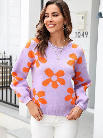 Rudens ziemas ziedu sieviešu džemperis ikdienišķs trikotāžas topi ar garām piedurknēm Eleganti balti džemperi ar O veida kakla izgriezumu Modes Jaunums Trikotāžas izstrādājumos