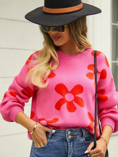 Rudens ziemas ziedu sieviešu džemperis ikdienišķs trikotāžas topi ar garām piedurknēm Eleganti balti džemperi ar O veida kakla izgriezumu Modes Jaunums Trikotāžas izstrādājumos