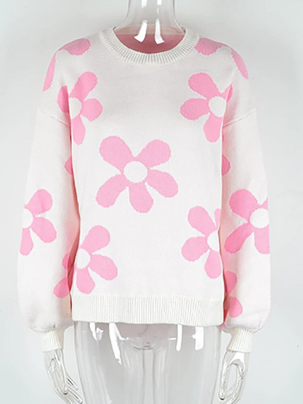 Rudens ziemas ziedu sieviešu džemperis ikdienišķs trikotāžas topi ar garām piedurknēm Eleganti balti džemperi ar O veida kakla izgriezumu Modes Jaunums Trikotāžas izstrādājumos