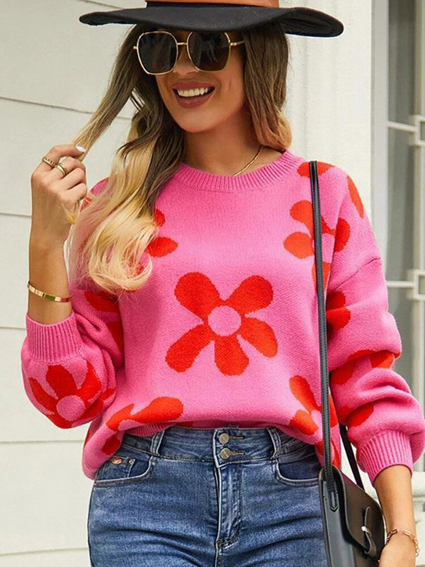 Rudens ziemas ziedu sieviešu džemperis ikdienišķs trikotāžas topi ar garām piedurknēm Eleganti balti džemperi ar O veida kakla izgriezumu Modes Jaunums Trikotāžas izstrādājumos