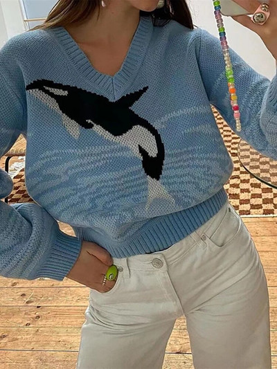 Sieviešu džemperis, adīts ar garām piedurknēm V kakla džemperi Eleganti trikotāža rudens ziemas korejiešu apģērbi sievietēm 2023. gada jaunums