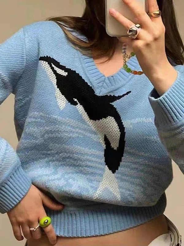 Sieviešu džemperis, adīts ar garām piedurknēm V kakla džemperi Eleganti trikotāža rudens ziemas korejiešu apģērbi sievietēm 2023. gada jaunums