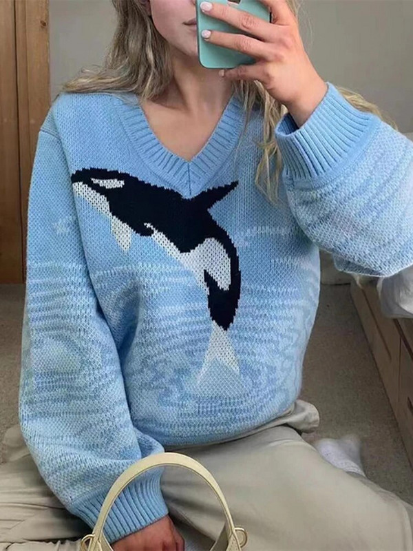 Sieviešu džemperis, adīts ar garām piedurknēm V kakla džemperi Eleganti trikotāža rudens ziemas korejiešu apģērbi sievietēm 2023. gada jaunums