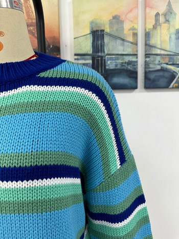 Дамски пуловер Плетени горнища с дълъг ръкав Трикотаж на дъгови райета Свободни пуловери с О-образно деколте Есенни зимни пуловери и джъмпери 2023