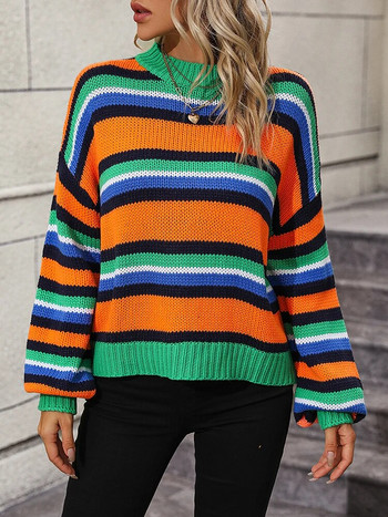 Дамски пуловер Плетени горнища с дълъг ръкав Трикотаж на дъгови райета Свободни пуловери с О-образно деколте Есенни зимни пуловери и джъмпери 2023