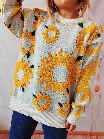 Дамски пуловер Плетени пуловери с дълъг ръкав на цветя Елегантни топли плетива Есенни зимни дрехи за жени 2023 г. Нови постъпления
