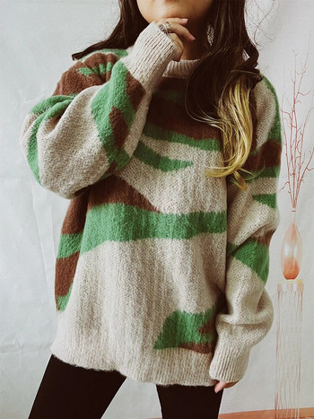 Дамски пуловер на райета Плетени пуловери с дълъг ръкав Елегантни топли плетива Есенни зимни дрехи за жени 2023 г. Нови постъпления