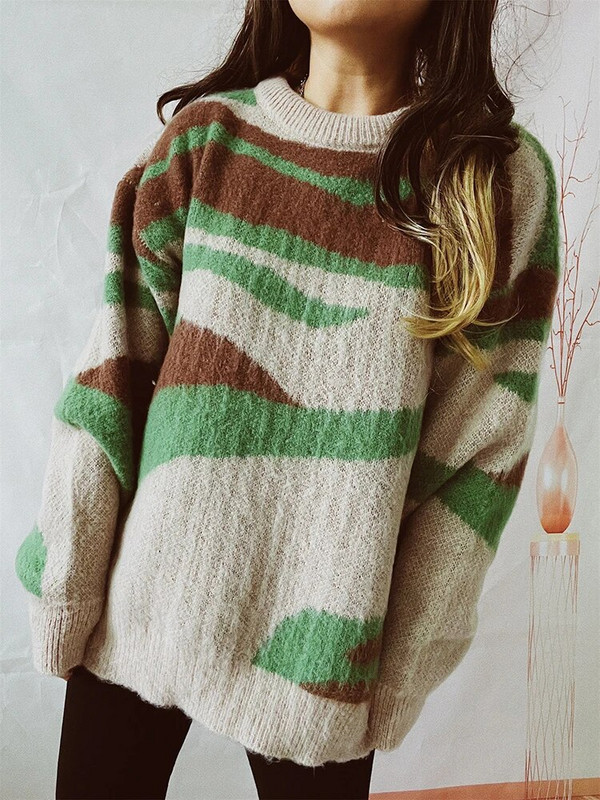 Svītrains sieviešu džemperis trikotāžas džemperi ar garām piedurknēm Eleganti silti adījumi Rudens ziemas apģērbi sievietēm 2023. gada jaunums