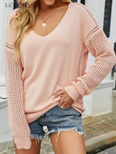 Φθινοπωρινό χειμωνιάτικο γυναικείο πουλόβερ casual πλεκτά μακρυμάνικα μπλουζάκια Κομψά πουλόβερ με κούφιο λαιμό V Loose ροζ Νέα πλεκτά 2023