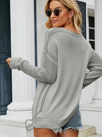 Есенно-зимен дамски пуловер Ежедневни плетени топове с дълъг ръкав Елегантни пуловери с V-образно деколте Свободни розови нови плетива 2023 г.