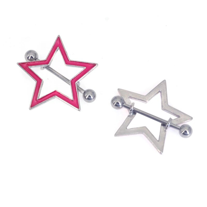 1 pāris 361 L ķirurģiskā tērauda bezvītnes, sarkana zvaigzne, krūšu stieņa gredzens ar kristāla kopu, piespiežot piesprādzējamu vairogu, pīrsingu rotaslietas