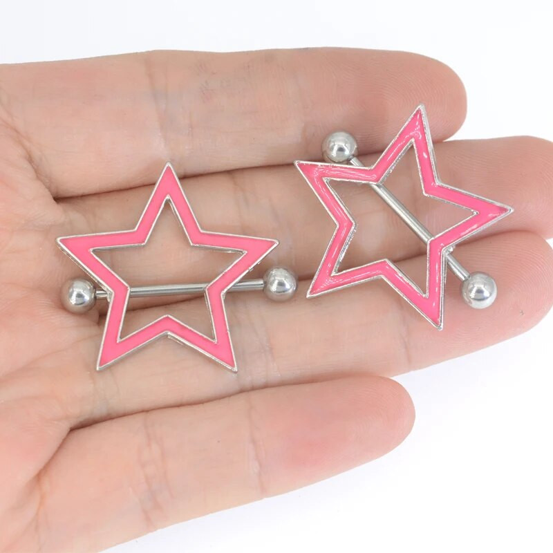 1 pāris 361 L ķirurģiskā tērauda bezvītnes, sarkana zvaigzne, krūšu stieņa gredzens ar kristāla kopu, piespiežot piesprādzējamu vairogu, pīrsingu rotaslietas