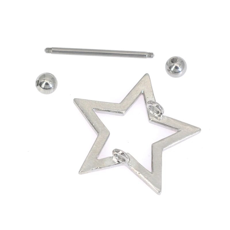 1 pāris 361 L ķirurģiskā tērauda bezvītnes, sarkana zvaigzne, krūšu stieņa gredzens ar kristāla kopu, piespiežot piesprādzējamu vairogu, pīrsingu rotaslietas