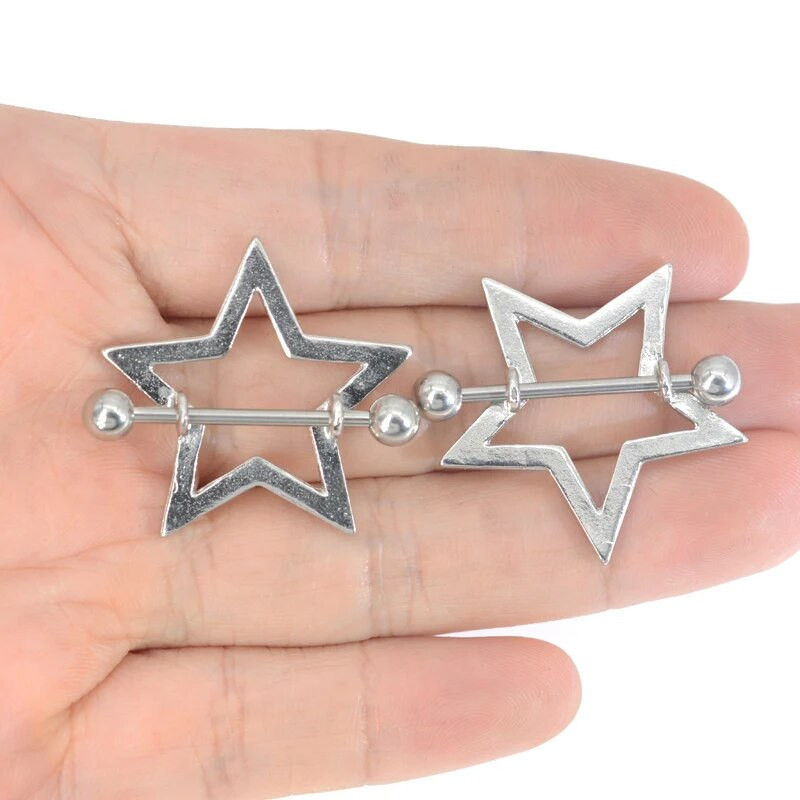 1 pāris 361 L ķirurģiskā tērauda bezvītnes, sarkana zvaigzne, krūšu stieņa gredzens ar kristāla kopu, piespiežot piesprādzējamu vairogu, pīrsingu rotaslietas