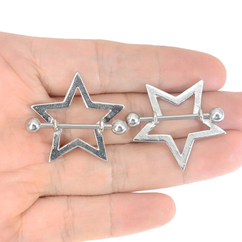 1 pāris 361 L ķirurģiskā tērauda bezvītnes, sarkana zvaigzne, krūšu stieņa gredzens ar kristāla kopu, piespiežot piesprādzējamu vairogu, pīrsingu rotaslietas