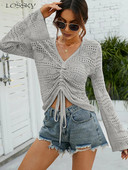 Seksīgi plāns sieviešu džemperis rudens trikotāžas, brīvi garām piedurkņu topi Eleganti, dobi, V veida kakla izgriezuma puloveri Modes, jauni trikotāžas izstrādājumi 2023