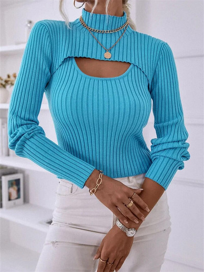 Divdaļīgs sieviešu trikotāžas topi vienkrāsains džemperis ar garām piedurknēm ar augstu kakla izgriezumu + rievota veste, sieviešu rudens trikotāža