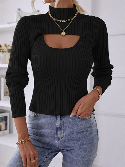 Divdaļīgs sieviešu trikotāžas topi vienkrāsains džemperis ar garām piedurknēm ar augstu kakla izgriezumu + rievota veste, sieviešu rudens trikotāža