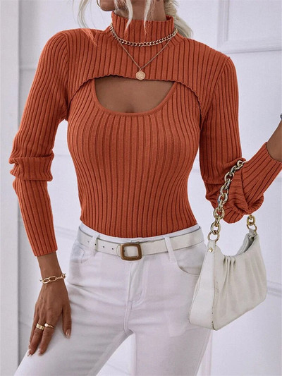 Divdaļīgs sieviešu trikotāžas topi vienkrāsains džemperis ar garām piedurknēm ar augstu kakla izgriezumu + rievota veste, sieviešu rudens trikotāža