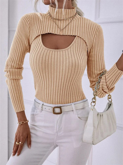 Divdaļīgs sieviešu trikotāžas topi vienkrāsains džemperis ar garām piedurknēm ar augstu kakla izgriezumu + rievota veste, sieviešu rudens trikotāža