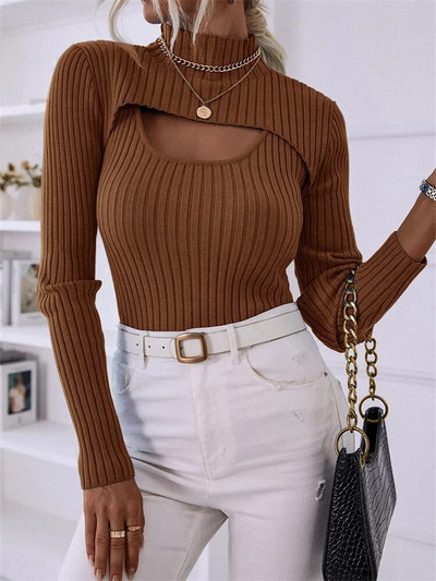 Divdaļīgs sieviešu trikotāžas topi vienkrāsains džemperis ar garām piedurknēm ar augstu kakla izgriezumu + rievota veste, sieviešu rudens trikotāža