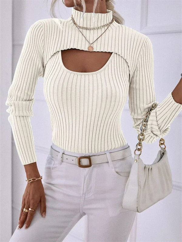 Divdaļīgs sieviešu trikotāžas topi vienkrāsains džemperis ar garām piedurknēm ar augstu kakla izgriezumu + rievota veste, sieviešu rudens trikotāža