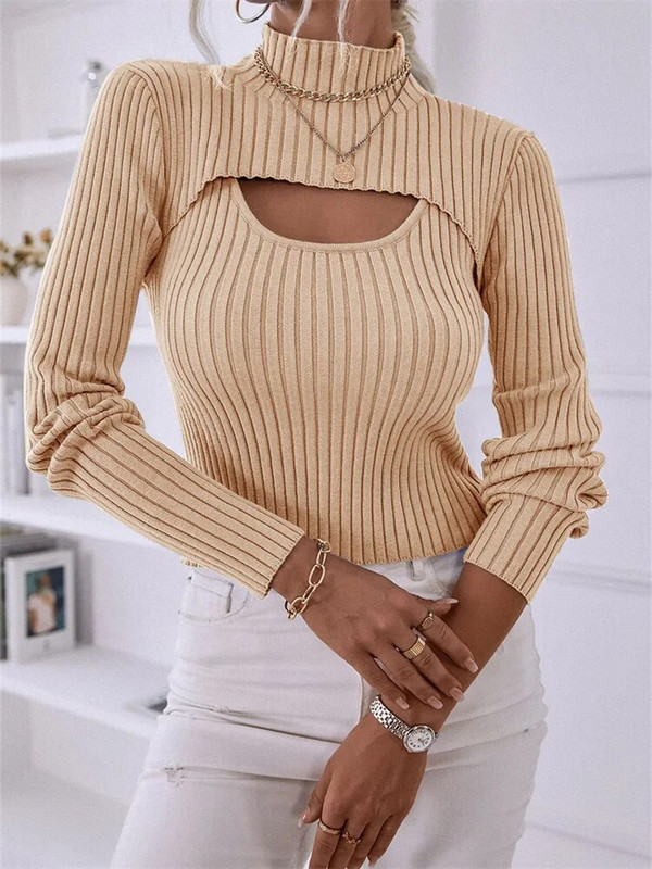 Divdaļīgs sieviešu trikotāžas topi vienkrāsains džemperis ar garām piedurknēm ar augstu kakla izgriezumu + rievota veste, sieviešu rudens trikotāža